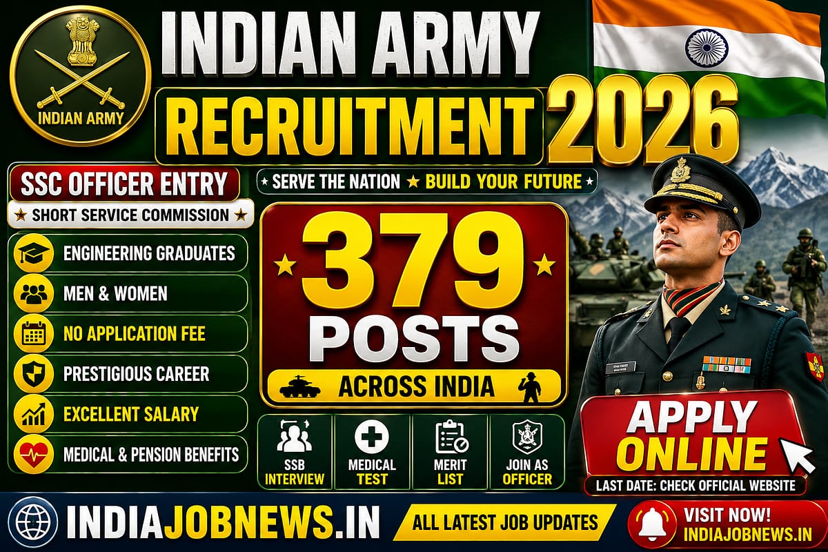 Indian Army SSC Officer Recruitment 2026 thumbnail for 379 SSC Officer posts, online application for engineering graduates across India