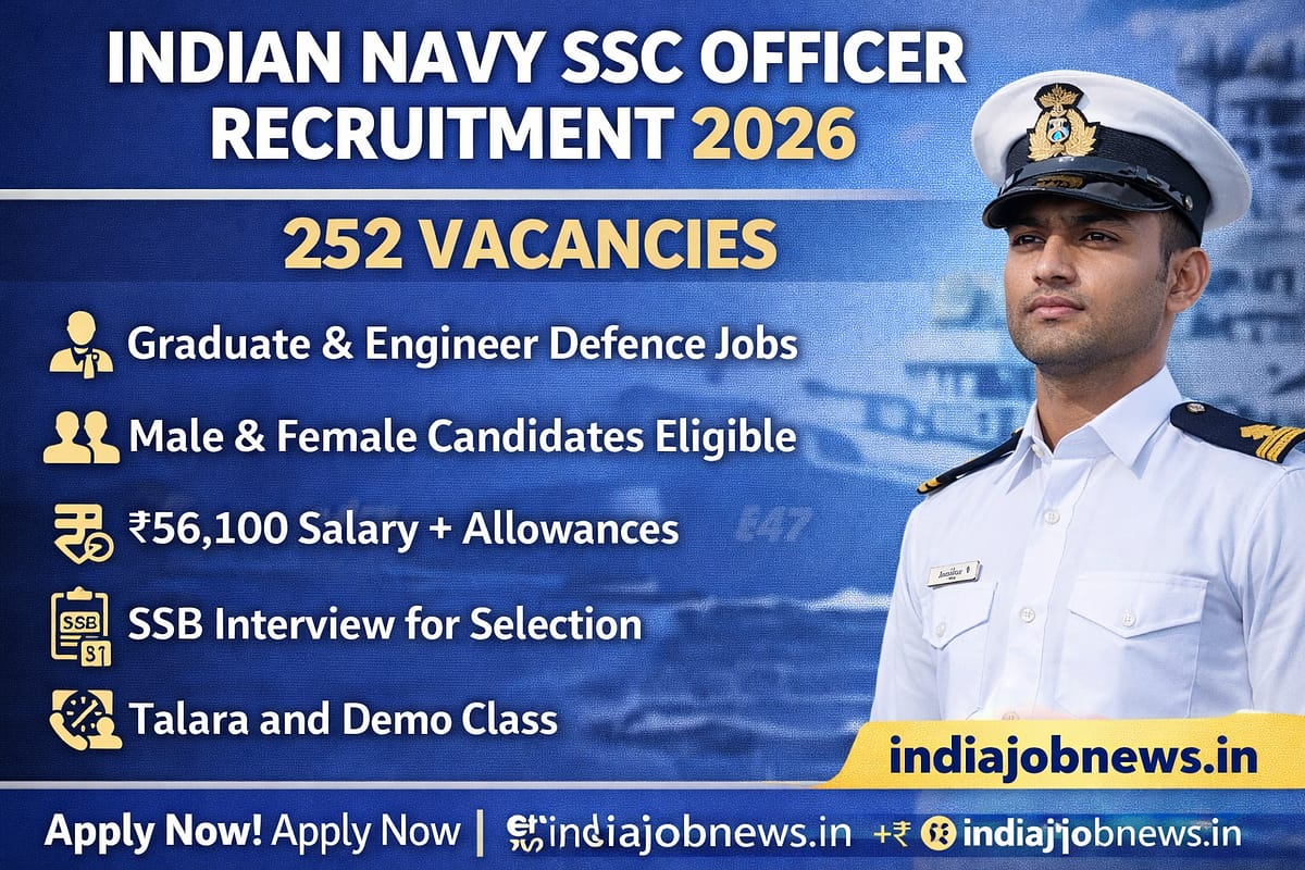 Indian Navy SSC Officer Recruitment 2026 thumbnail showing 252 vacancies and ₹56,100 salary apply at indiajobnews.in