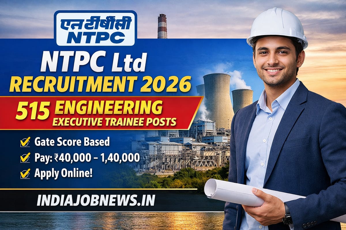 NTPC Ltd Recruitment 2026 thumbnail showing 515 Engineering Executive Trainee posts with salary details and Apply Online notice.