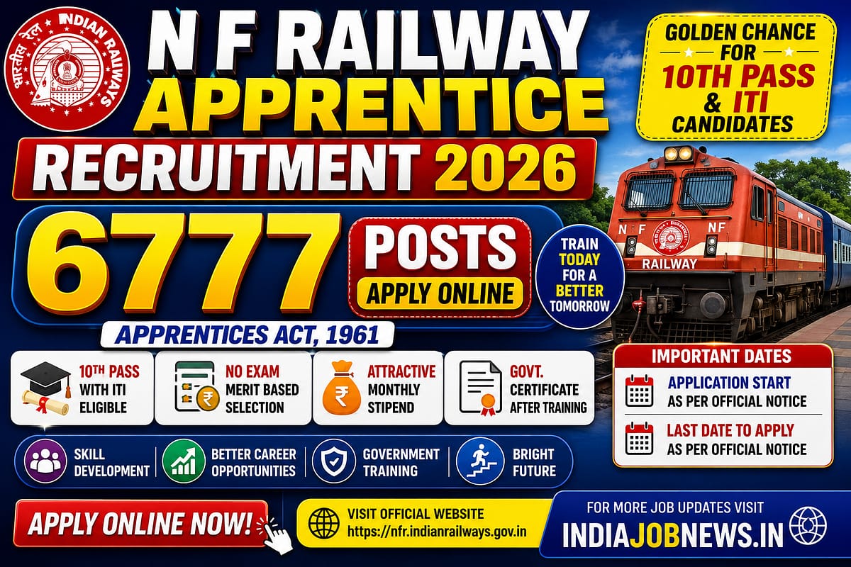 N F Railway Apprentice Recruitment 2026 thumbnail for 6777 Apprentice posts, Northeast Frontier Railway online application