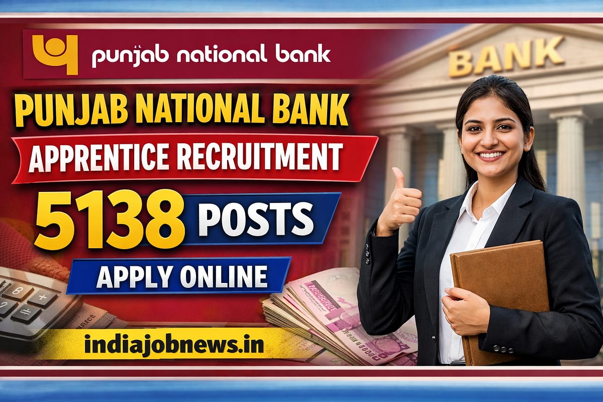 Punjab National Bank Apprentice Recruitment 2026 thumbnail showing 5138 posts with apply online banner and indiajobnews.in link.