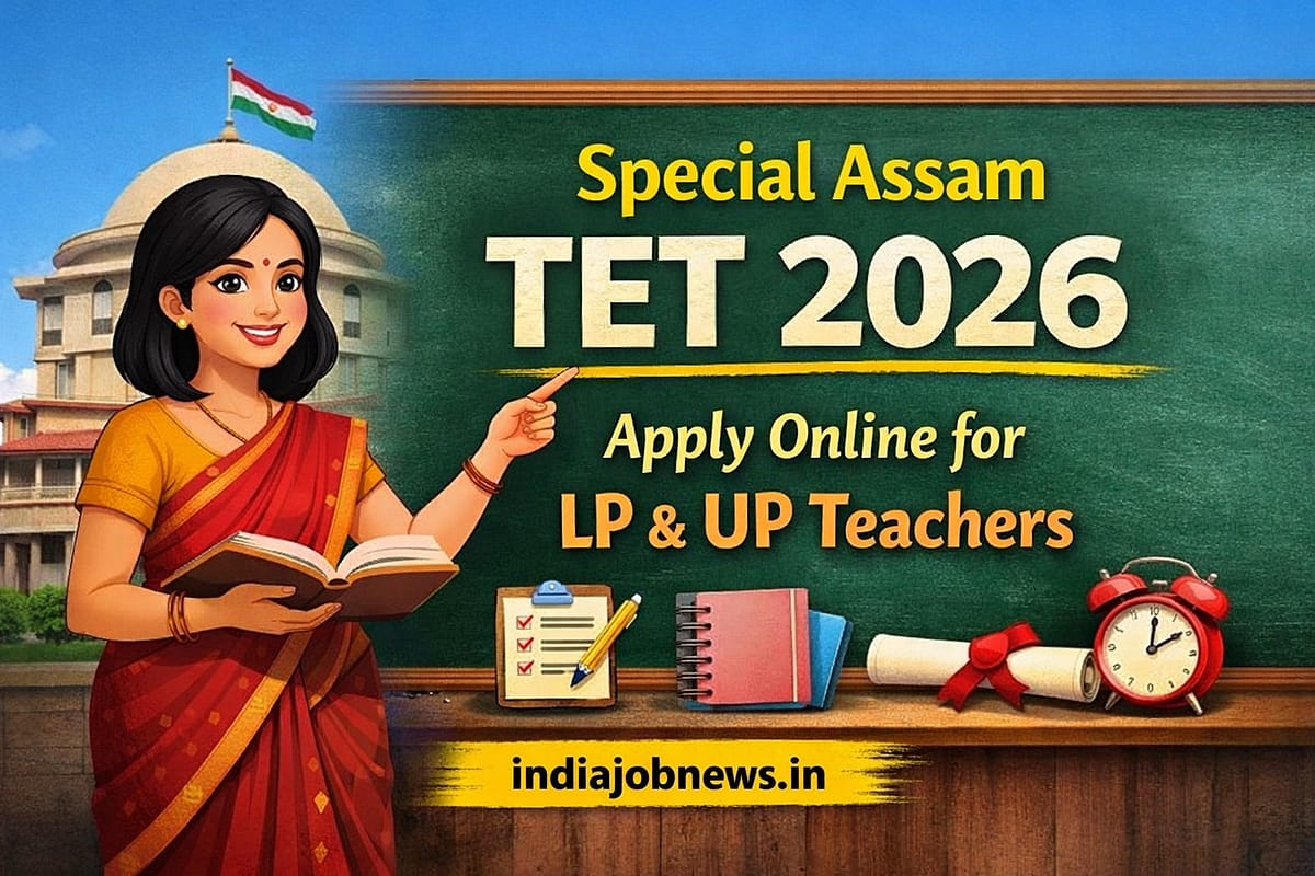 Special Assam TET 2026 thumbnail showing apply online for LP and UP teacher recruitment with indiajobnews.in