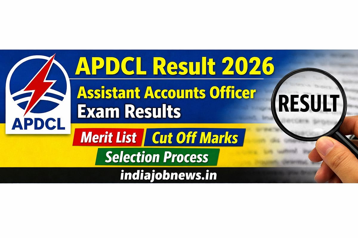 APDCL Result 2026 thumbnail showing Assistant Accounts Officer exam results, merit list, cut off marks, and selection process with indiajobnews.in