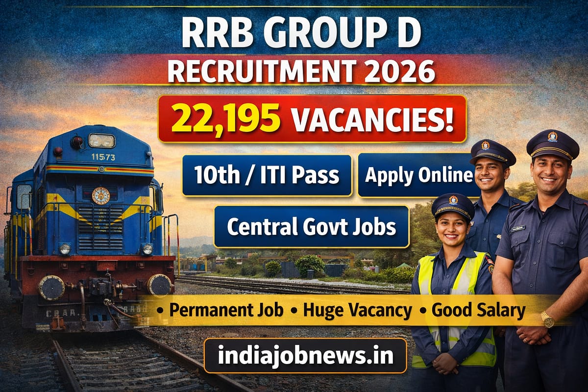 RRB Group D Recruitment 2026 thumbnail showing 22195 vacancies with apply online details at indiajobnews.in