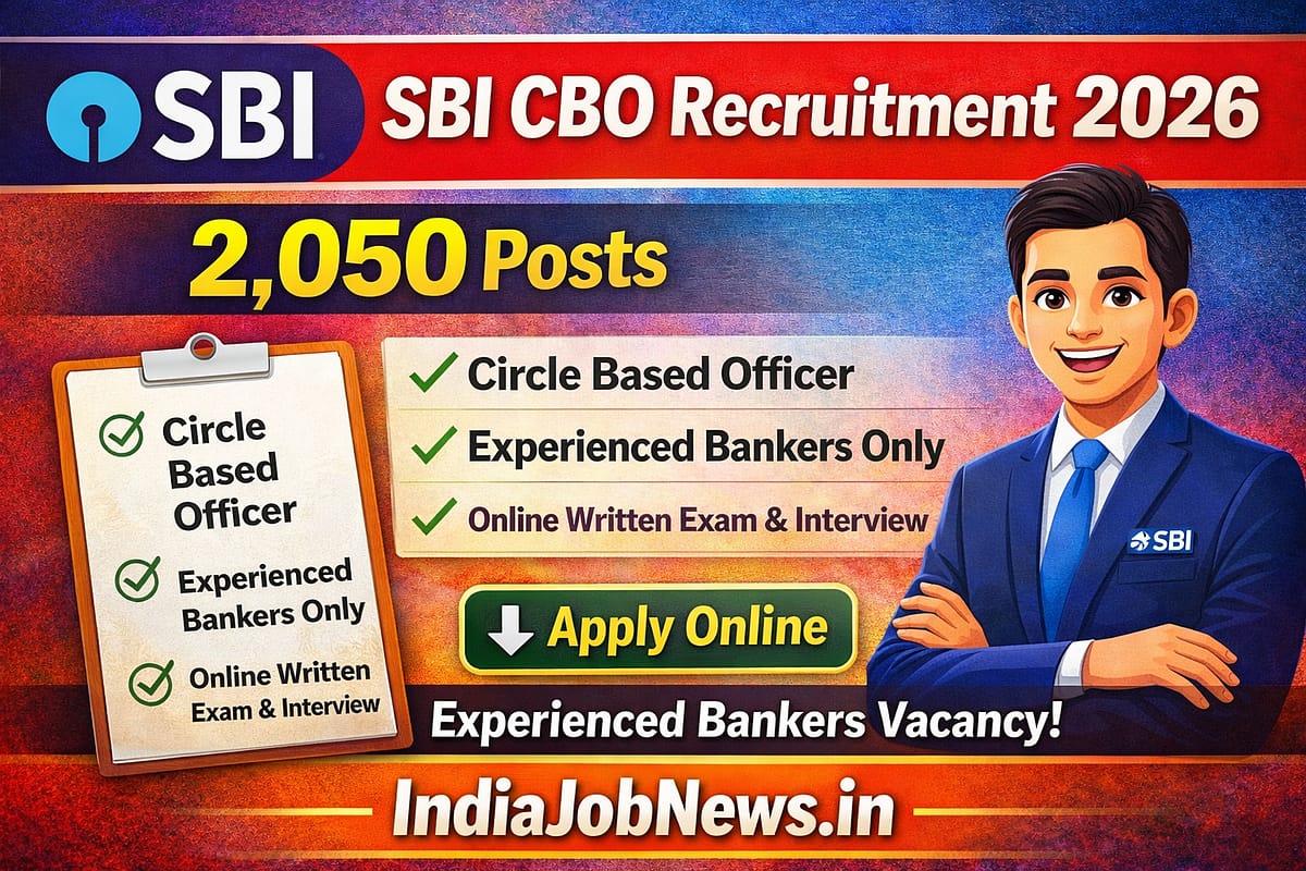 SBI CBO Recruitment 2026 thumbnail showing 2,050 Circle Based Officer posts with Apply Online button and IndiaJobNews.in website link.