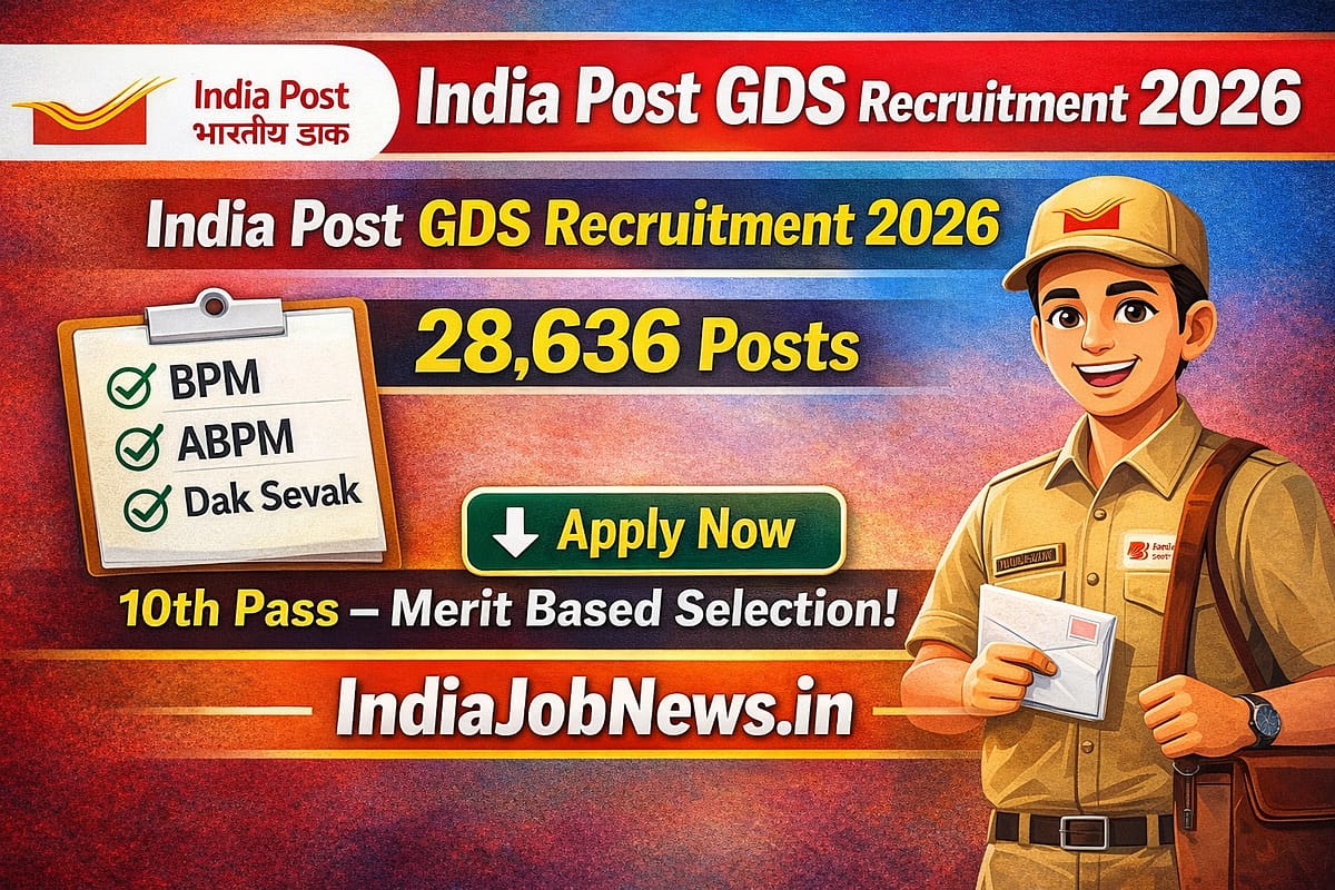 India Post GDS Recruitment 2026 thumbnail showing 28,636 BPM, ABPM and Dak Sevak posts with 10th pass merit-based selection and IndiaJobNews.in link.