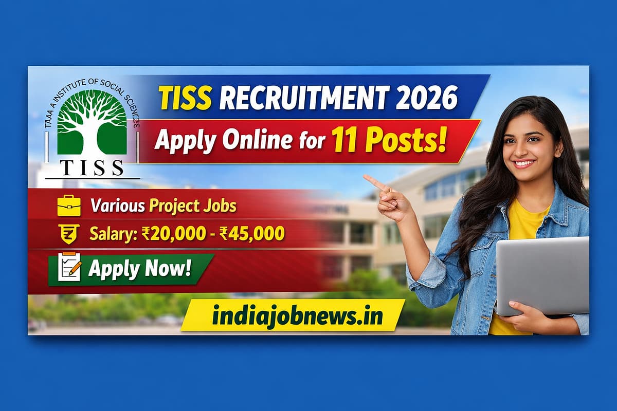 TISS Recruitment 2026 thumbnail showing apply online for 11 posts with salary ₹20,000–₹45,000 at indiajobnews.in