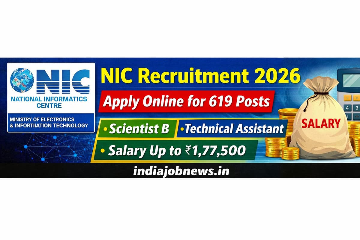NIC Recruitment 2026 thumbnail showing 619 vacancies for Scientist B and Technical Assistant with salary up to ₹1,77,500 and indiajobnews.in link