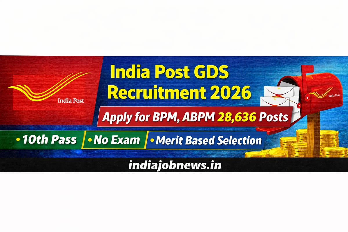 India Post GDS Recruitment 2026 thumbnail showing 28,636 BPM and ABPM vacancies with 10th pass eligibility, no exam, and indiajobnews.in