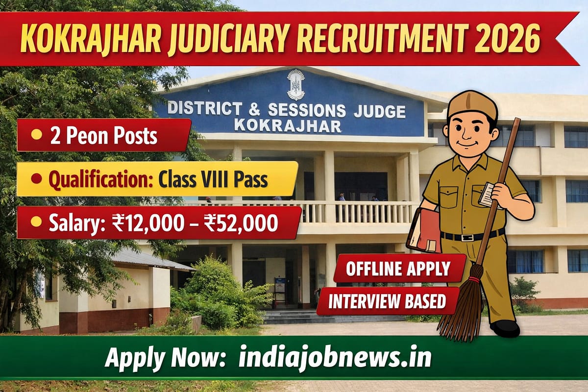 Kokrajhar Judiciary Recruitment 2026 thumbnail showing 2 Peon posts, Class VIII qualification, salary ₹12,000–₹52,000 and offline application details at indiajobnews.in