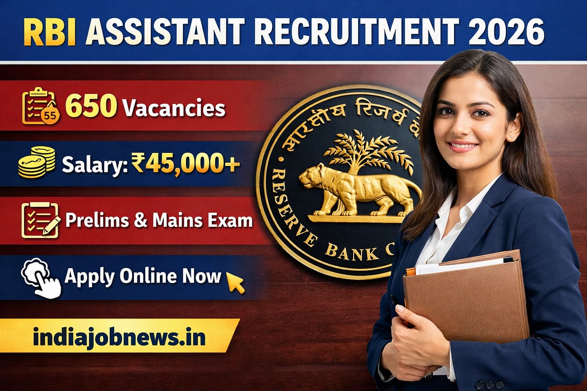 RBI Assistant Recruitment 2026 thumbnail showing 650 vacancies, ₹45,000+ salary and apply online at indiajobnews.in