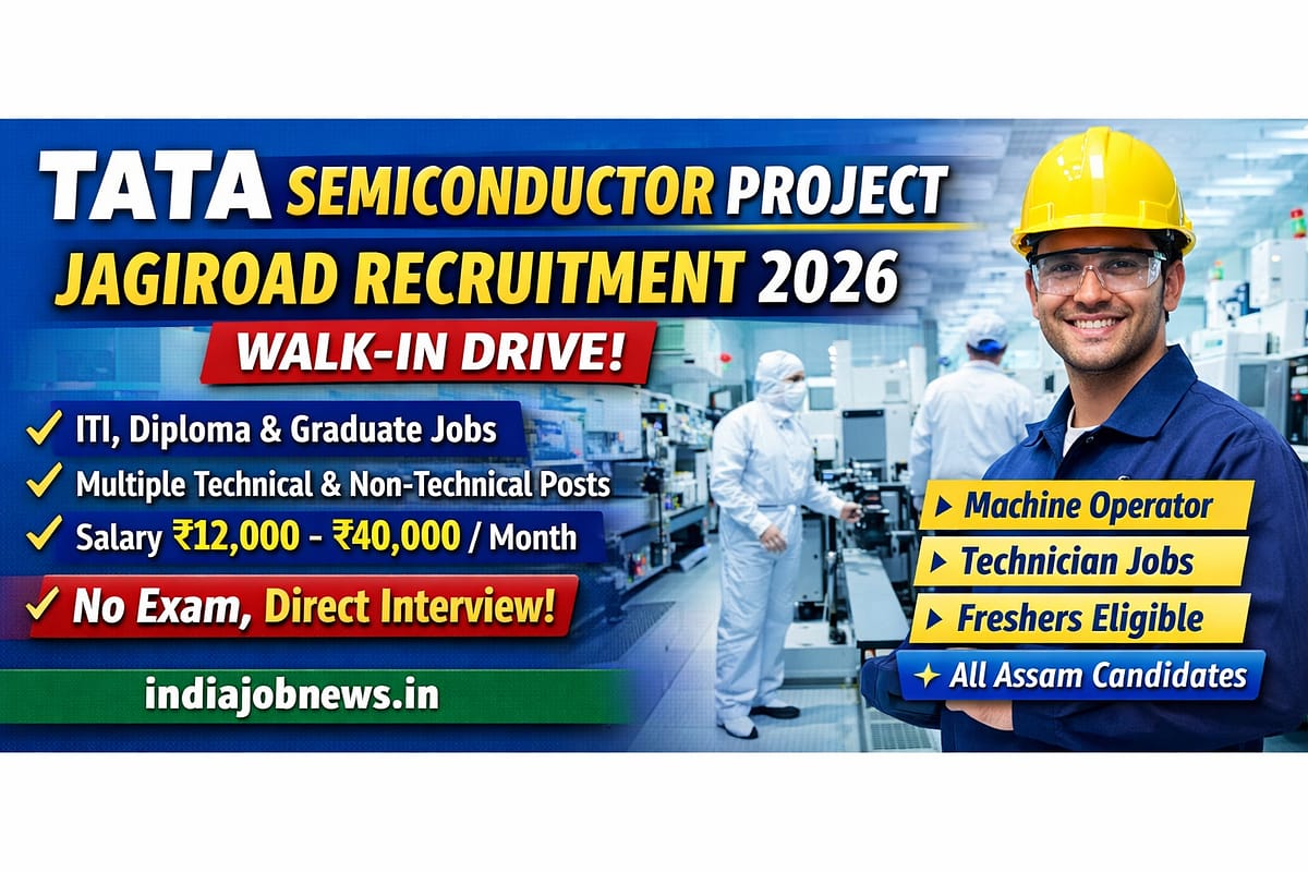 Tata Semiconductor Project Jagiroad Recruitment 2026 thumbnail showing walk-in drive for ITI, Diploma and Graduate candidates with direct interview and no exam.