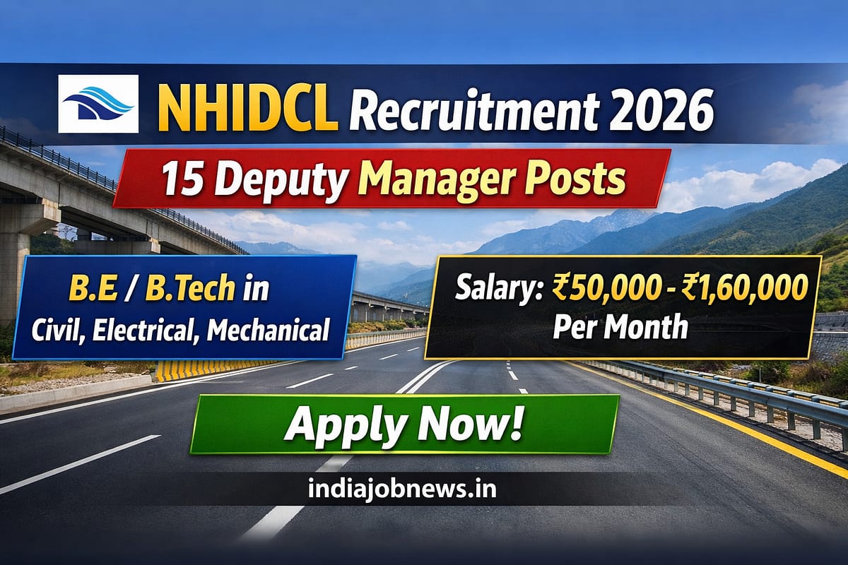 NHIDCL Recruitment 2026 thumbnail showing 15 Deputy Manager vacancies with salary ₹50,000–₹1,60,000 and B.E/B.Tech eligibility