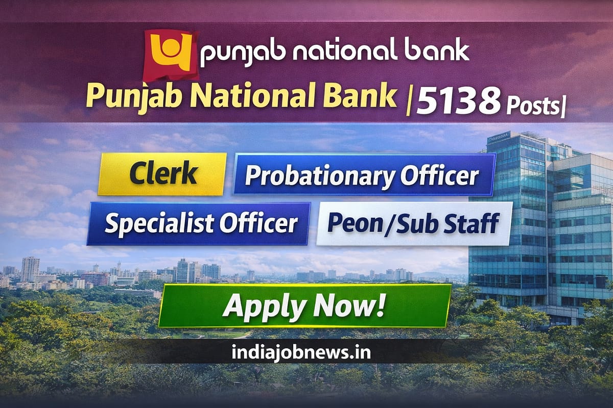 Punjab National Bank Recruitment 2026 thumbnail showing 5138 vacancies for Clerk, PO, SO and Peon posts
