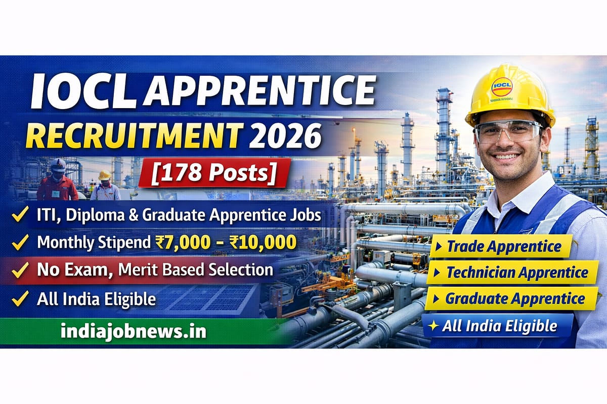 IOCL Apprentice Recruitment 2026 thumbnail showing 178 apprentice posts for ITI, Diploma and Graduate candidates with merit based selection.