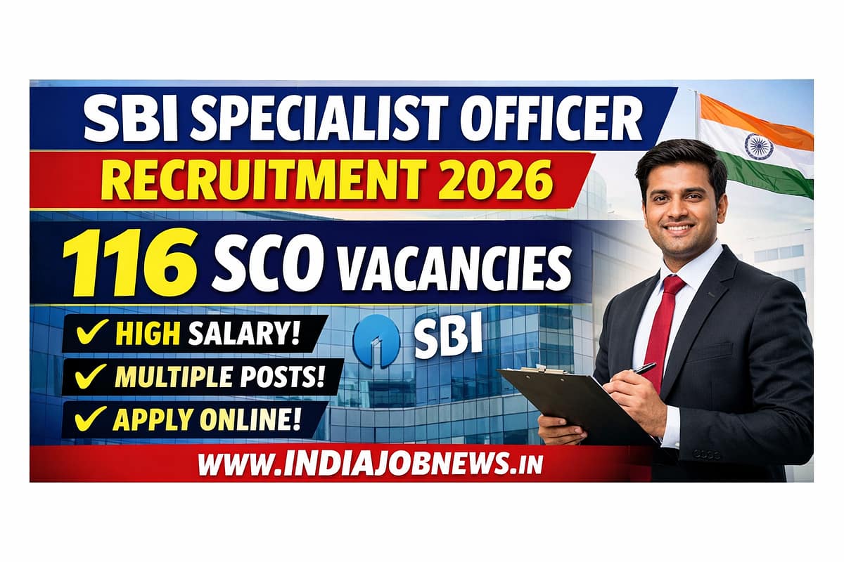 SBI Specialist Officer Recruitment 2026 thumbnail showing 116 SCO vacancies and apply online info – indiajobnews.in