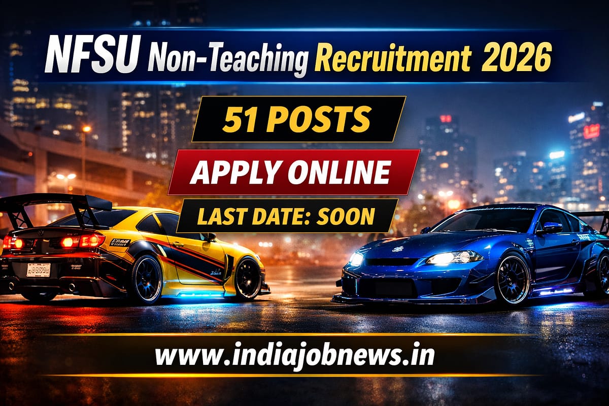 NFSU Non-Teaching Recruitment 2026 thumbnail showing 51 posts and apply online details with IndiaJobNews.in website link