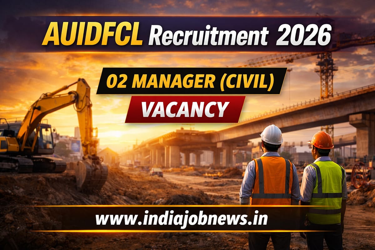 AUIDFCL Recruitment 2026 thumbnail showing 02 Manager Civil vacancy with apply details and IndiaJobNews.in website link