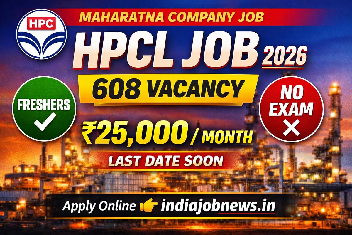 HPCL Apprentice Recruitment 2026 thumbnail showing 608 vacancy, no exam and ₹25,000 stipend at indiajobnews.in