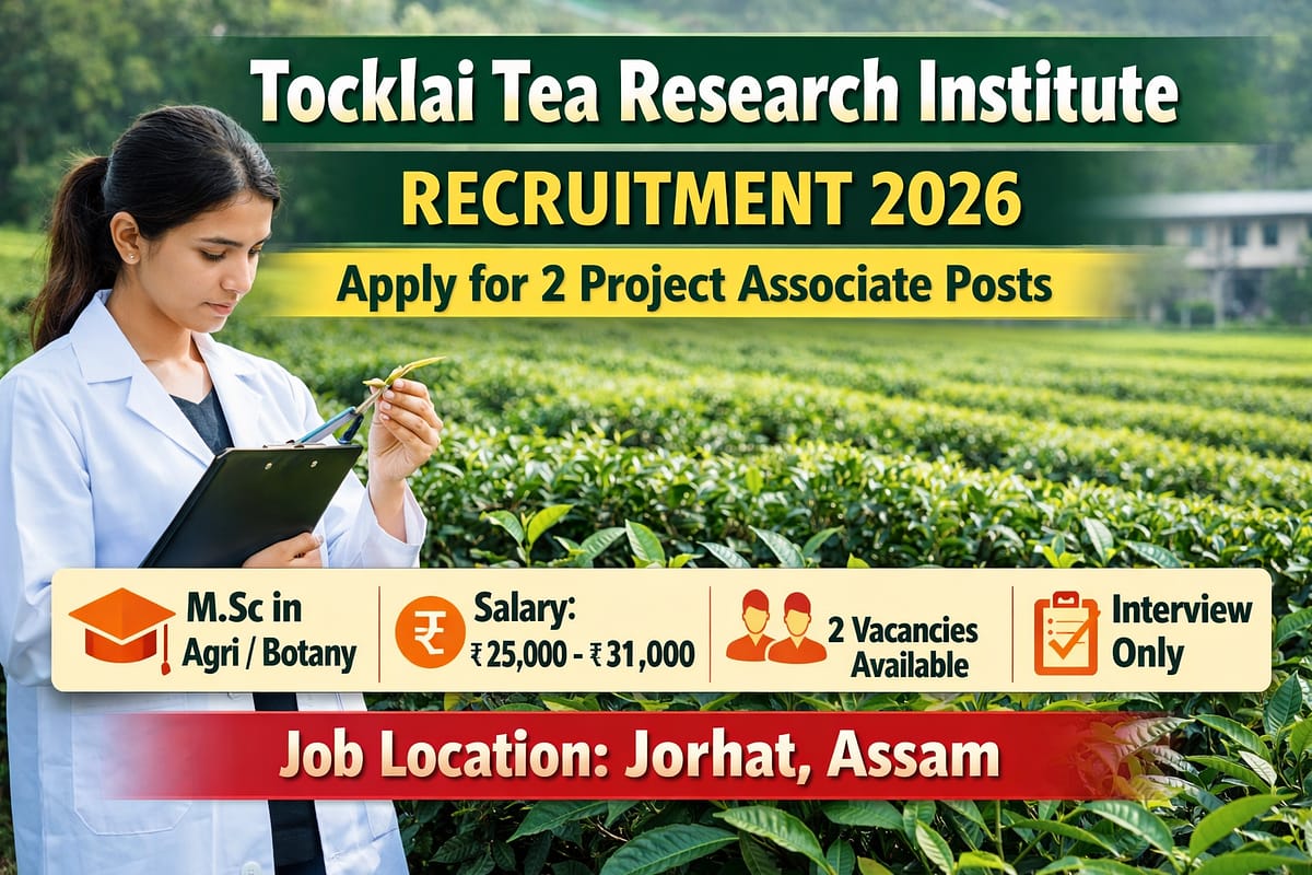 Tocklai Tea Research Institute Recruitment 2026 Project Associate vacancy thumbnail showing tea garden research job in Jorhat Assam