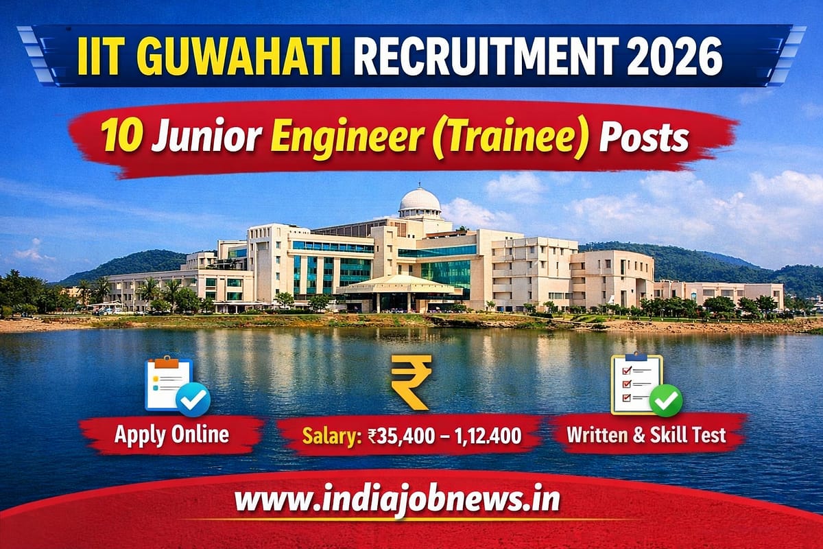 IIT Guwahati Recruitment 2026 thumbnail showing 10 Junior Engineer (Trainee) vacancies with apply online notification.