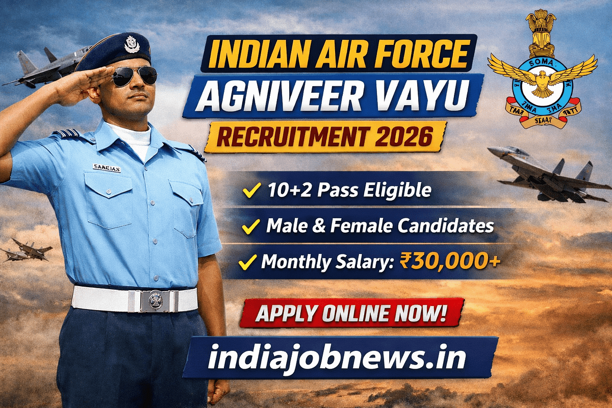 Indian Air Force Agniveer Vayu Recruitment 2026 thumbnail showing an airman saluting with fighter jets and apply online link indiajobnews.in