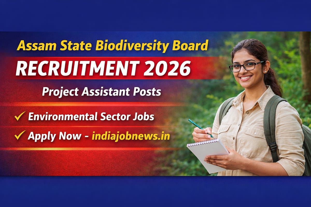 Assam State Biodiversity Board Recruitment 2026 thumbnail showing Project Assistant posts with apply now text and indiajobnews.in link.