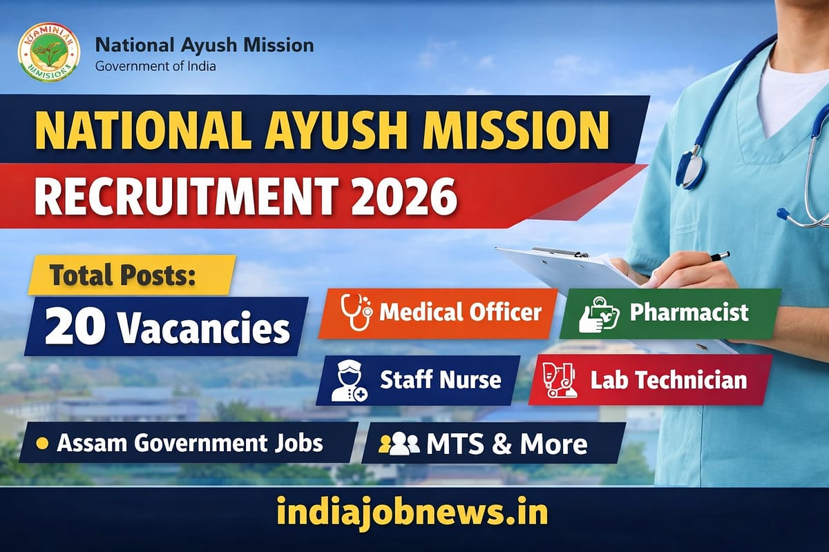 National Ayush Mission Recruitment 2026 thumbnail showing 20 healthcare vacancies in Assam with indiajobnews.in