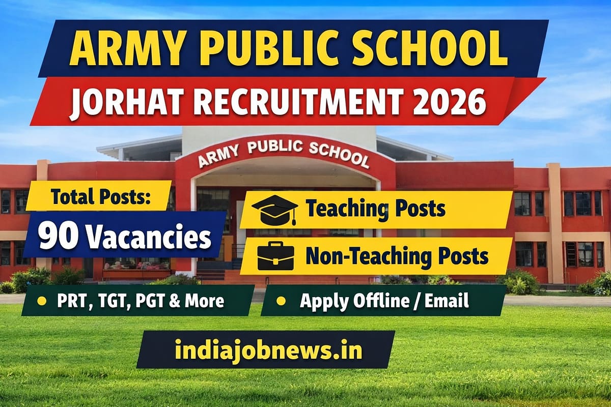 Army Public School Jorhat Recruitment 2026 thumbnail showing 90 teaching and non-teaching vacancies in Assam with indiajobnews.in