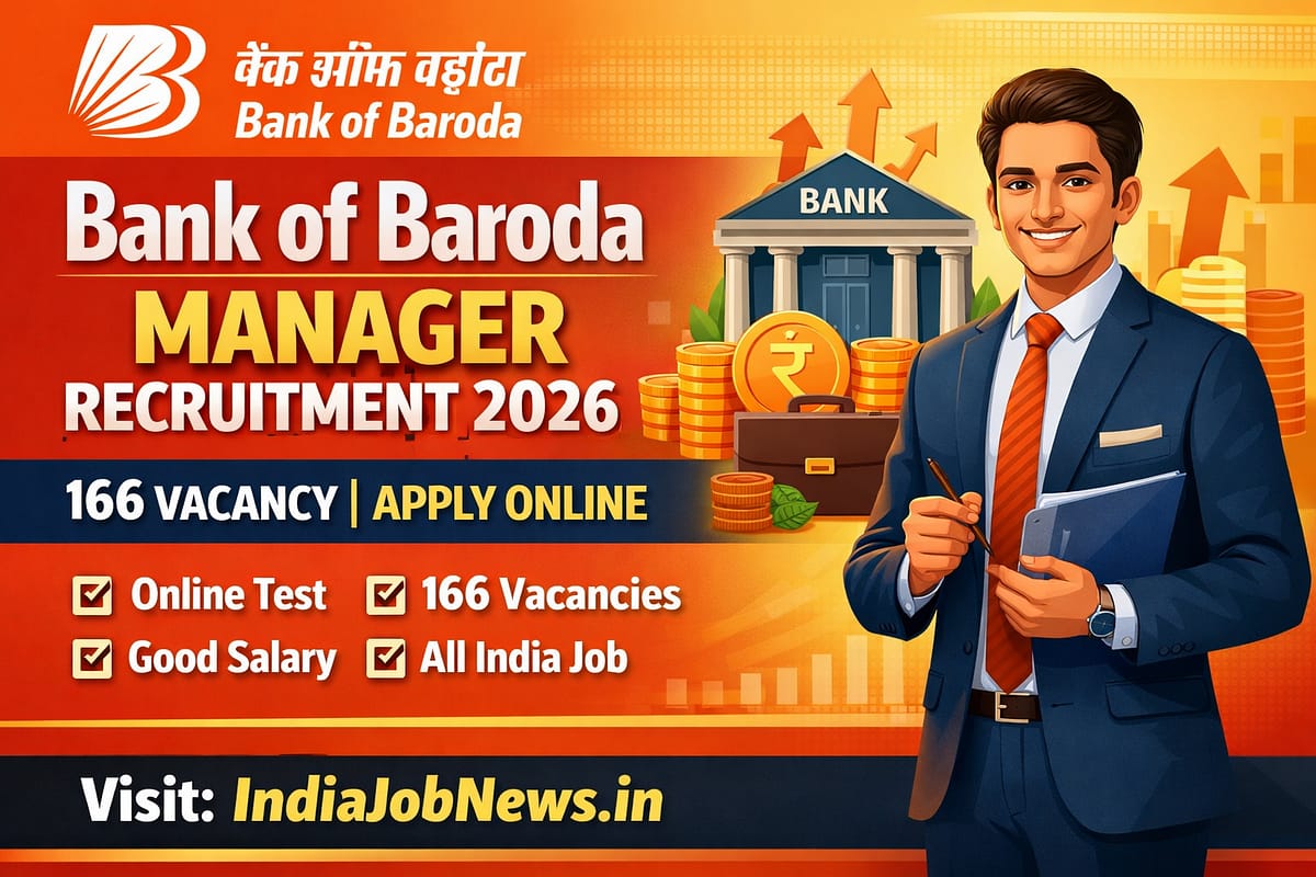 Bank of Baroda Manager Recruitment 2026 thumbnail showing 166 vacancies with apply online notification and IndiaJobNews.in link.