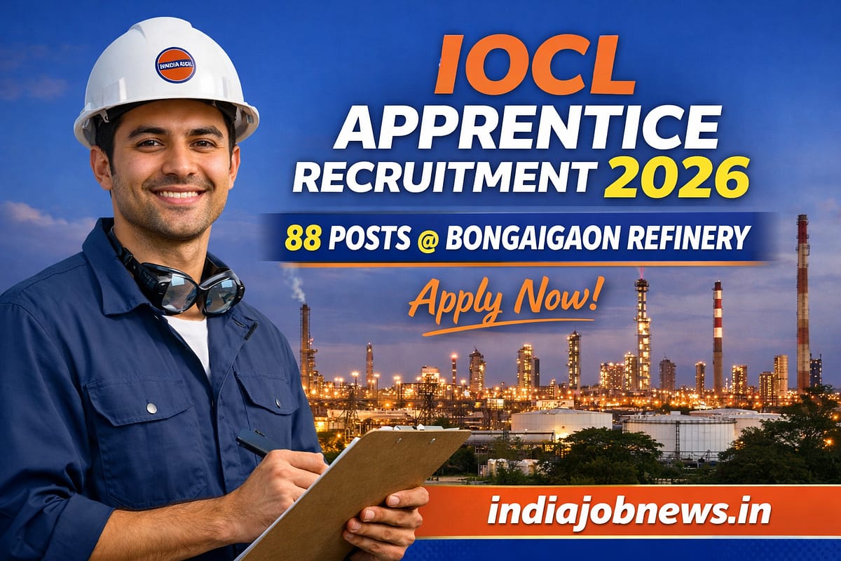 IOCL Apprentice Recruitment 2026 thumbnail showing 88 vacancies at Bongaigaon Refinery with indiajobnews.in link