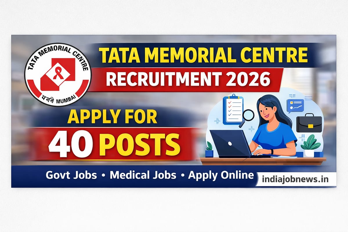 Tata Memorial Centre Recruitment 2026 thumbnail showing 40 posts government medical job notification with apply online details.