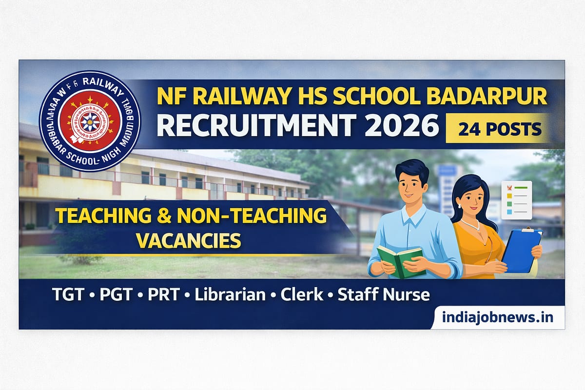 NF Railway HS School Badarpur Recruitment 2026 thumbnail showing 24 teaching and non-teaching vacancies with apply details at indiajobnews.in