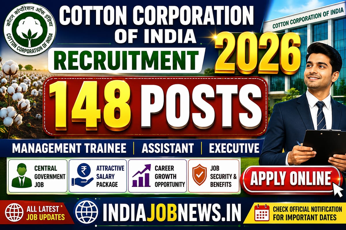 Cotton Corporation of India Recruitment 2026 thumbnail for 148 Management Trainee, Junior Commercial Executive and Assistant posts, online apply