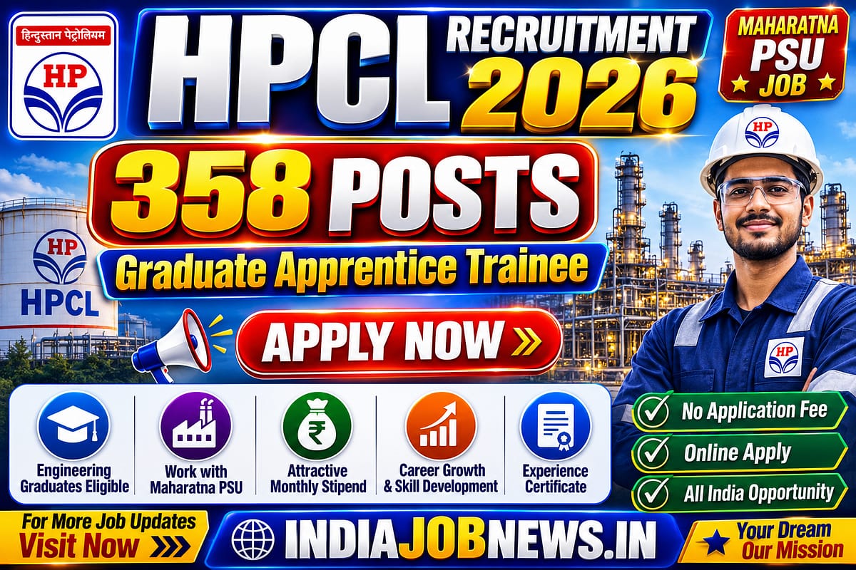 HPCL Apprentice Recruitment 2026 thumbnail for 358 Graduate Apprentice Trainee posts, HPCL online application, Engineering Apprentice Jobs
