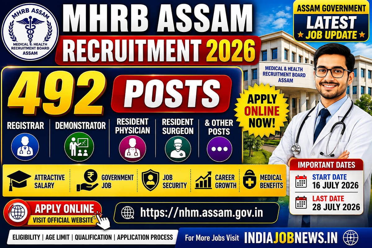 MHRB Assam Recruitment 2026 thumbnail for 492 Registrar, Demonstrator, Resident Physician and Medical Officer posts, online application