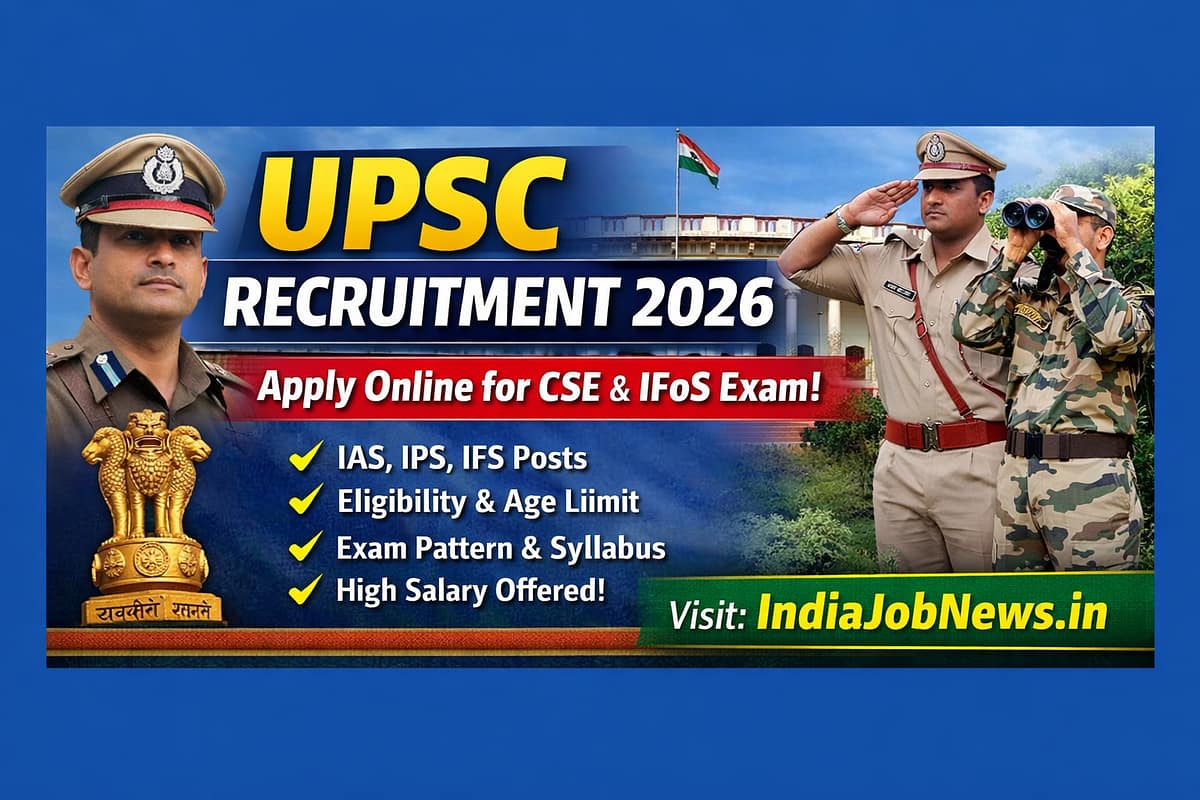 UPSC Recruitment 2026 thumbnail showing CSE and IFoS exam apply online with IndiaJobNews.in link