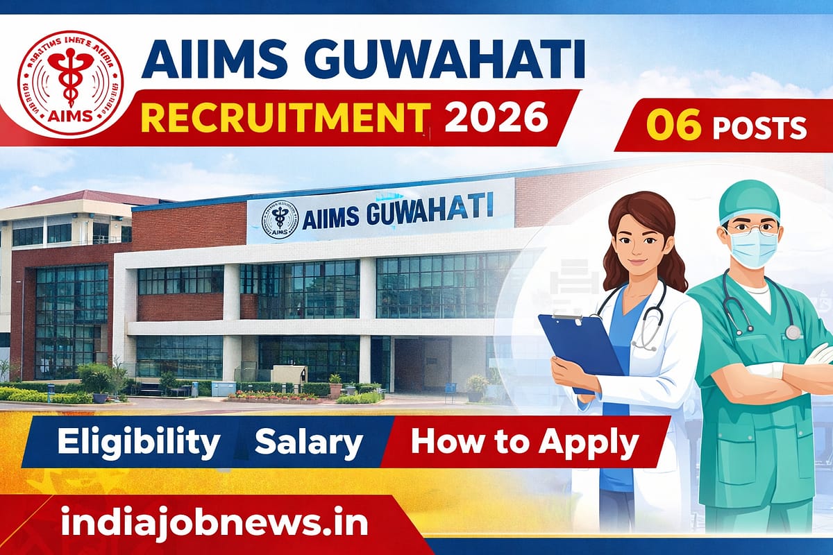 AIIMS Guwahati Recruitment 2026 thumbnail showing 06 posts with indiajobnews.in branding