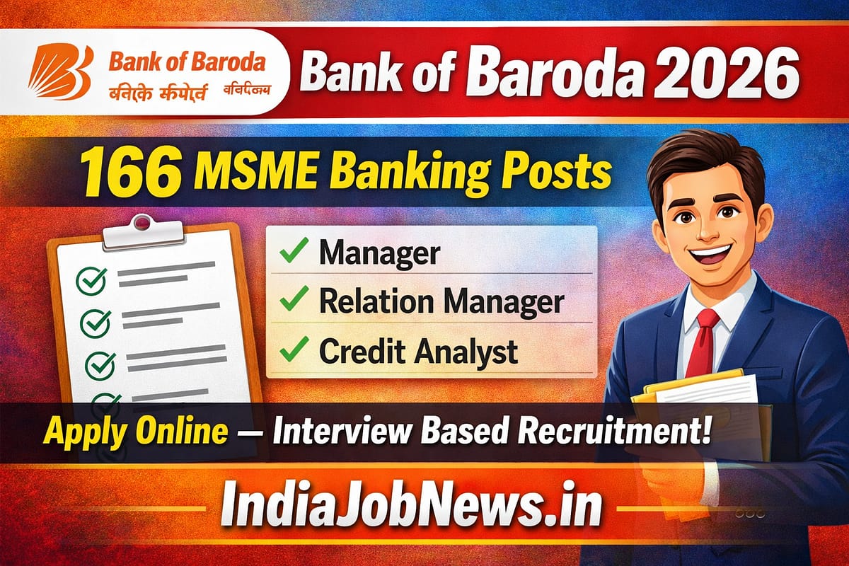 Bank of Baroda Recruitment 2026 thumbnail showing 166 MSME Banking posts including Manager, Relationship Manager and Credit Analyst with IndiaJobNews.in link.