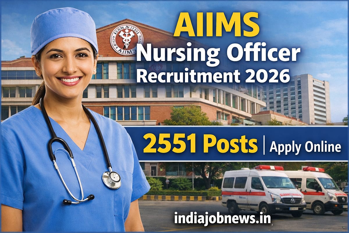 AIIMS Nursing Officer Recruitment 2026 thumbnail showing nurse, hospital building and 2551 posts apply online notice with indiajobnews.in