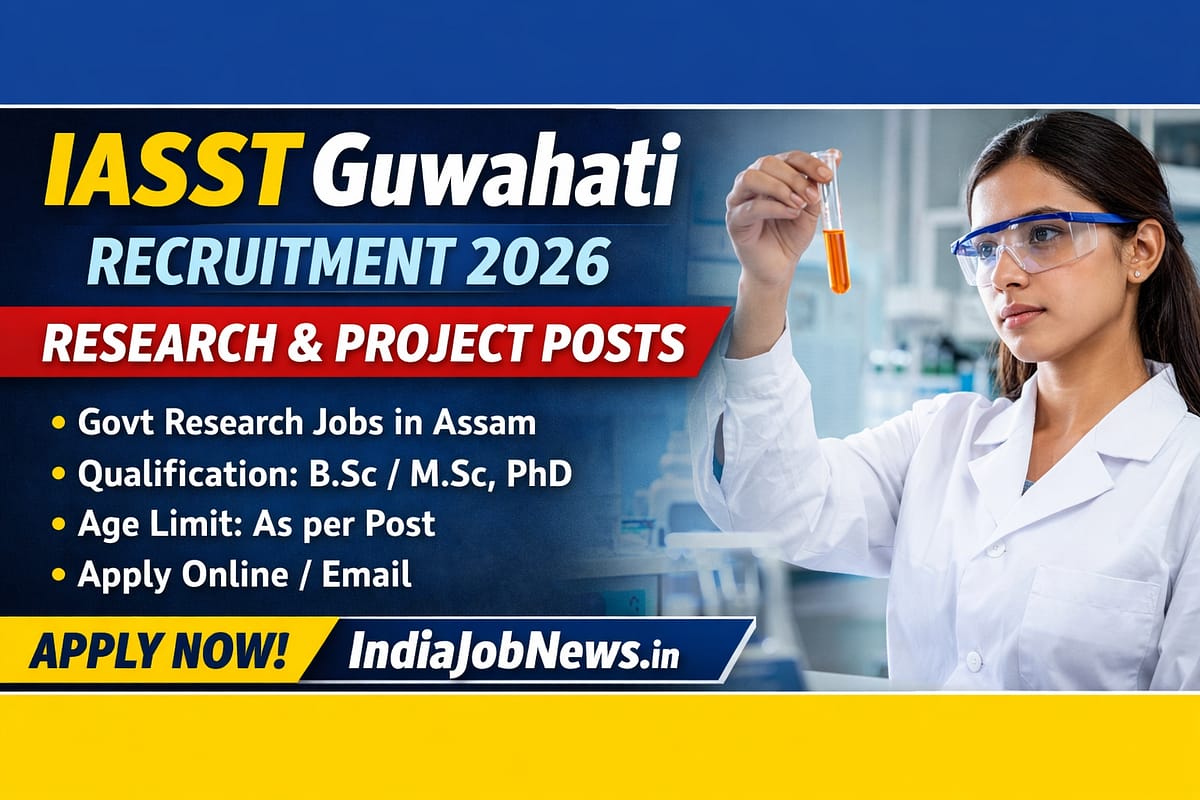 IASST Guwahati Recruitment 2026 thumbnail showing research and project job vacancies with qualification and apply details.