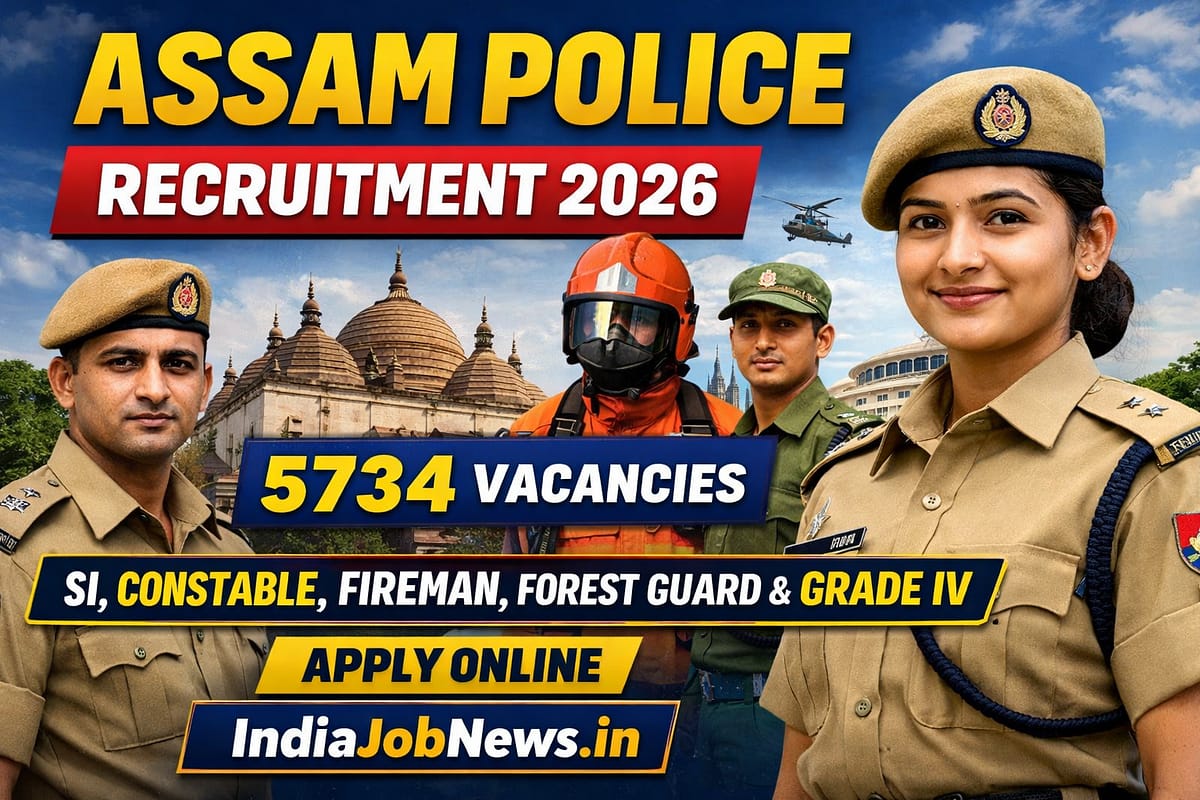 Assam Police Recruitment 2026 thumbnail showing 5734 vacancies for SI, Constable, Fireman, Forest Guard and Grade IV posts with Apply Online text and IndiaJobNews.in link.