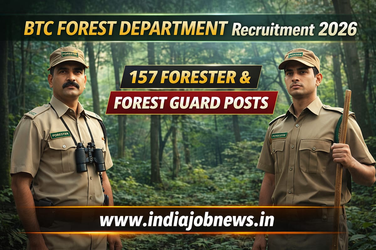 BTC Forest Department Recruitment 2026 thumbnail showing 157 Forester and Forest Guard posts with IndiaJobNews.in link