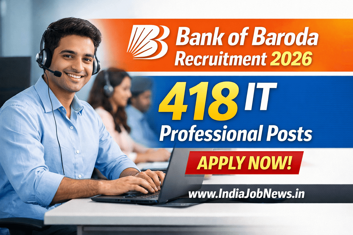 Bank of Baroda Recruitment 2026 thumbnail showing 418 IT Professional vacancies with apply online link indiajobnews.in