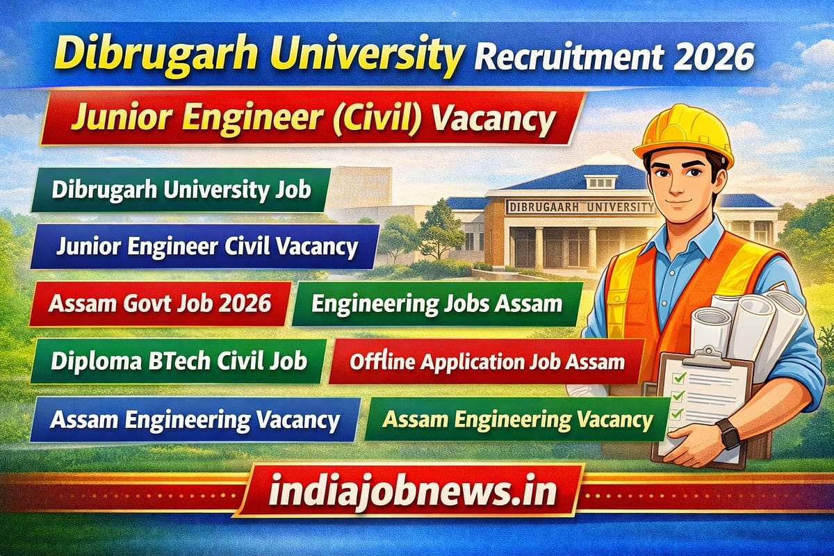 Dibrugarh University Recruitment 2026 Junior Engineer Civil Vacancy job notification thumbnail with indiajobnews.in