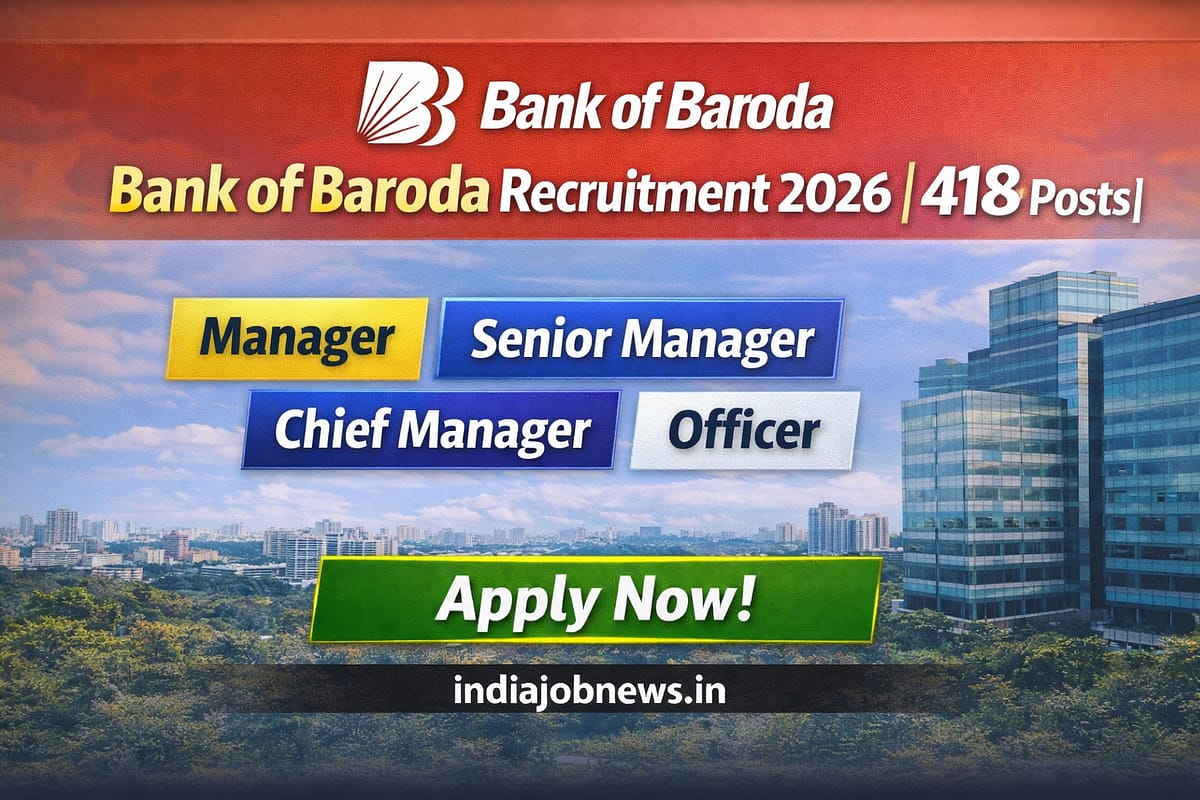 Bank of Baroda Recruitment 2026 thumbnail showing 418 vacancies for Manager, Senior Manager, Chief Manager and Officer posts