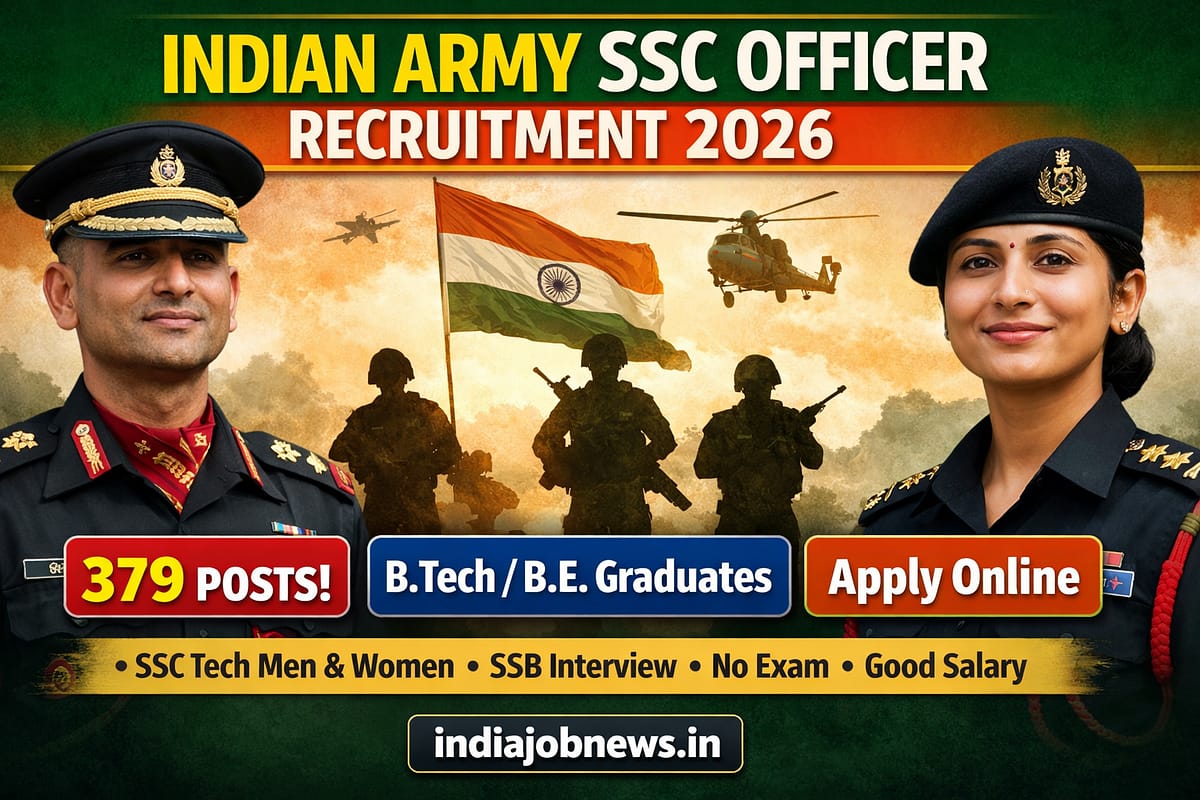 Indian Army SSC Officer Recruitment 2026 thumbnail showing 379 posts with apply online notification at indiajobnews.in