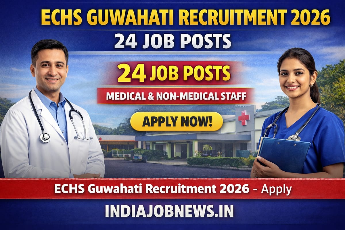 ECHS Guwahati Recruitment 2026 thumbnail showing 24 job posts for medical and non-medical staff at IndiaJobNews.in