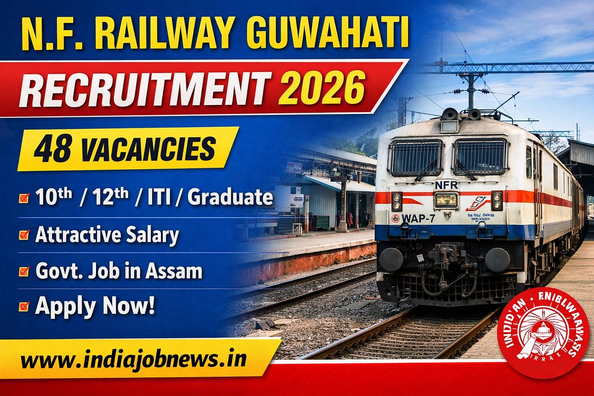 N.F. Railway Guwahati Recruitment 2026 thumbnail showing 48 vacancies for various government railway posts with indiajobnews.in link.