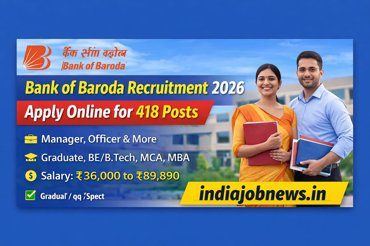 Bank of Baroda Recruitment 2026 thumbnail showing apply online for 418 posts with salary up to ₹89,890 at indiajobnews.in